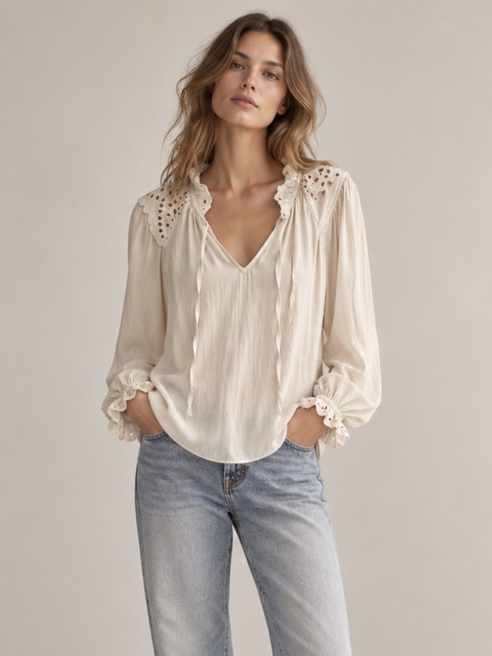 Rachel Zoe Cream Eyelet-Trim Peasant Blouse | S